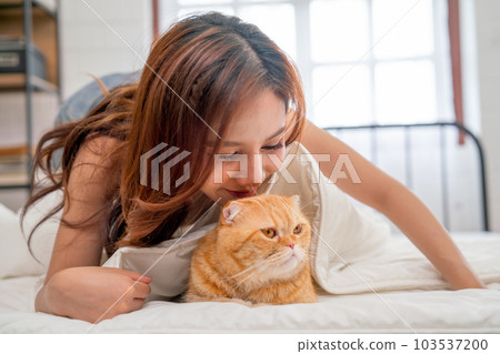 Close up beautiful Asian woman lie near her orange cat and kiss the cat that lie on bed with relax Close up beautiful Asian woman lie near her orange cat and kiss the cat that lie on bed with relax 103537200