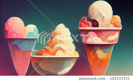 Variety of ice cream scoops in cones with chocolate, vanilla and strawberry.Generative AI. Variety of ice cream scoops in cones with chocolate, vanilla and strawberry.Generative AI. 103537251