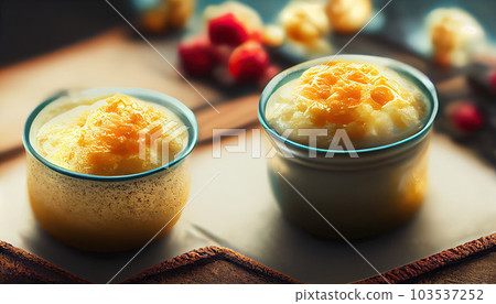 Tapioca pudding with mango puree on a table background. Generative AI. Tapioca pudding with mango puree on a table background. Generative AI. 103537252