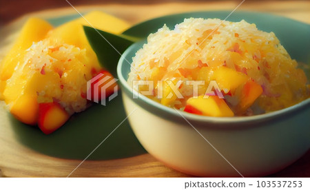 fresh ripe mango and sticky rice with coconut milk, authentic Thai dessert. Generative AI 103537253