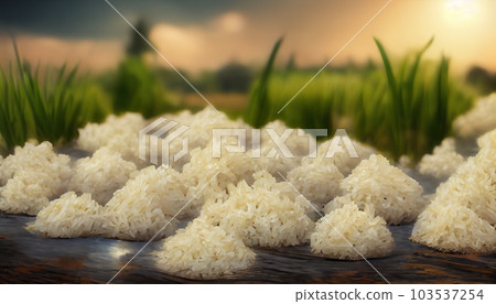White steam rice in bowl on wooden table .Generative AI. White steam rice in bowl on wooden table .Generative AI. 103537254