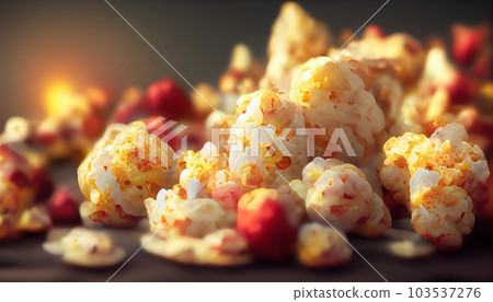 Golden caramel popcorn closeup. Background of popcorn. Snacks and food for a movie.Generative AI Golden caramel popcorn closeup. Background of popcorn. Snacks and food for a movie.Generative AI 103537276