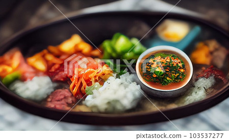 Assortment of Korean traditional dishes. Asian food. Top view, flat lay, Generative AI. 103537277