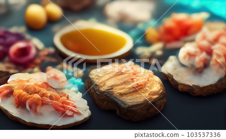 Seafood charcuterie platter board with shrimp, oysters, fish and octopus on black background. Top view, close up. Generative AI 103537336