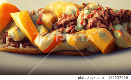Philly cheesesteak sandwich made with steak, cheese and onions on a hoagie roll on a wooden board. Generative AI 103537616