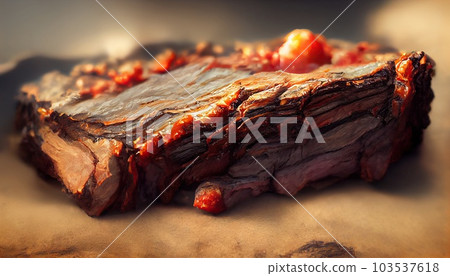 Beef Brisket barbecue. Chopped Beef Brisket. Traditional Texas Smoke House meat. Rubbed with spices and smoked in a Texas smoke house over mesquite wood.Generative AI 103537618