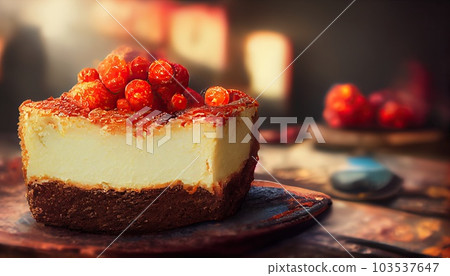 Classic plain New York Cheesecake sliced on wooden board, closeup view, selective focus. Generative AI 103537647