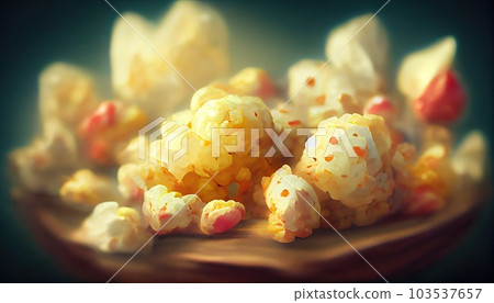 Golden caramel popcorn closeup. Background of popcorn. Snacks and food for a movie.Generative AI 103537657