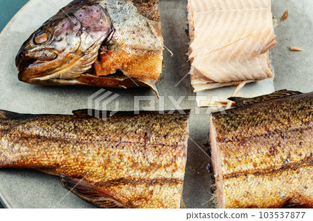 Salmon hot smoked, smoked fish Salmon hot smoked, smoked fish 103537877