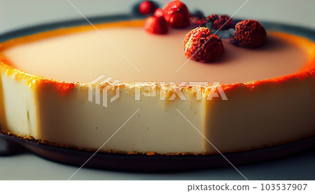 Classic plain New York Cheesecake sliced on wooden board, closeup view, selective focus. Generative AI 103537907