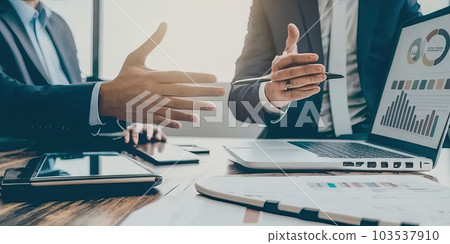 Crop close up of successful male business partners in formal suit sit at desk brainstorm using modern laptop at meeting, confident businessmen discuss plans ideas at briefing, Generative AI. Crop close up of successful male business partners in formal suit sit at desk brainstorm using modern laptop at meeting, confident businessmen discuss plans ideas at briefing, Generative AI. 103537910