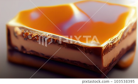 Melted caramel with pieces of caramel candy with salt on a wooden table. Generative AI. 103538395