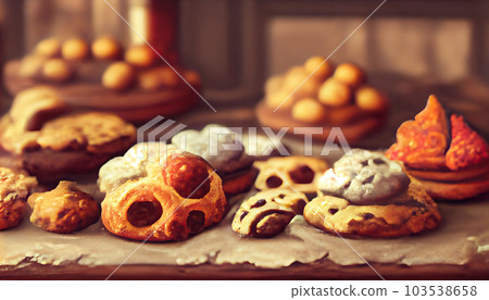 Christmas food. Ingredients for Christmas baking. Pastries and cookies on a dark table. Generative AI 103538658