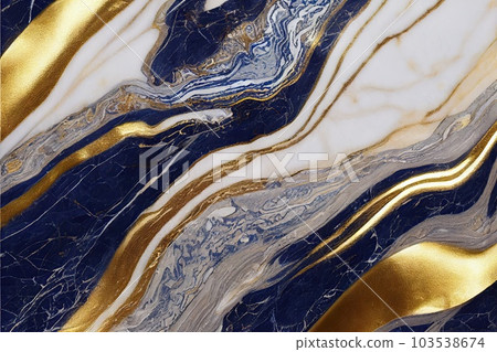 abstract dark blue background with golden foil. Artificial stone texture, fake agate, trendy marbled wallpaper, digital marbling Generative AI. 103538674