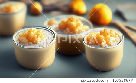 Tapioca pudding with mango puree on a table background. Generative AI. 103538677