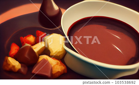 Composition with ingredients for chocolate fondue on wooden background. Cooking fondue. Generative AI Composition with ingredients for chocolate fondue on wooden background. Cooking fondue. Generative AI 103538692