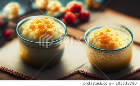 Tapioca pudding with mango puree on a table background. Generative AI. Tapioca pudding with mango puree on a table background. Generative AI. 103538780