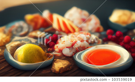 Seafood charcuterie platter board with shrimp, oysters, fish and octopus on black background. Top view, close up. Generative AI 103539019