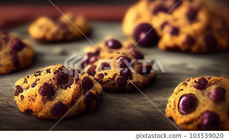Pile of Delicious Chocolate Chip Cookies on a wooden table.Generative AI Pile of Delicious Chocolate Chip Cookies on a wooden table.Generative AI 103539020
