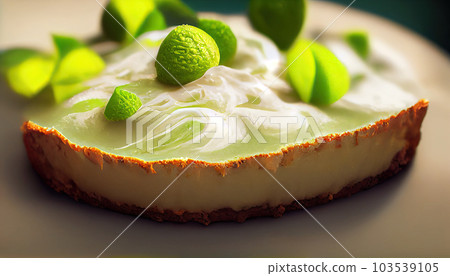 Beautiful key lime pie with whipped cream and peel close-up on a plate. Generative AI 103539105