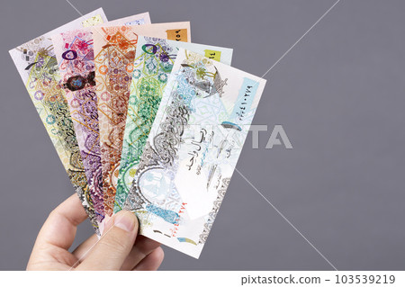 Qatari money in the hand on a gray background Qatari money in the hand on a gray background 103539219