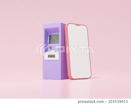 3D atm機和智能手機。 外匯轉移交易概念。 粉紅色背景。 應用程序網上銀行 103539415