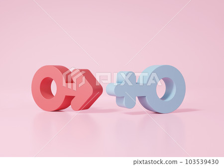 粉紅色背景上的3D男女性別符號。 性觀念。 極簡卡通風格的可愛光滑 103539430