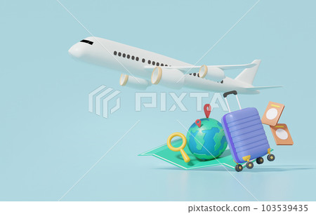 3D飛行飛機旅行旅遊飛機旅行計畫世界旅遊行李與針定位手提箱和地圖，休閒旅遊度假夏季概念 103539435