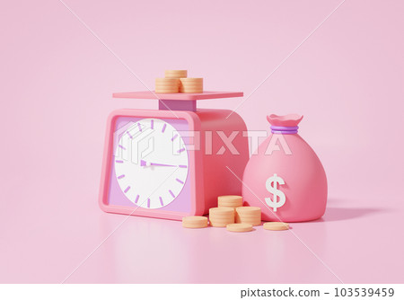 3D market shopping concept. Weight loss scale with stacked coin purse isometric. Financial business investment, buy, sell, pink background 3D market shopping concept. Weight loss scale with stacked coin purse isometric. Financial business investment, buy, sell, pink background 103539459