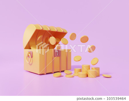 Open treasure chest, floating coins on purple background. protection box concept 103539464