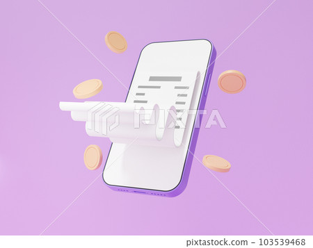 3D線上支付紫色背景上漂浮的紙幣和硬幣通過應用程序移動互聯網銀行支付金錢，交換轉帳概念 103539468