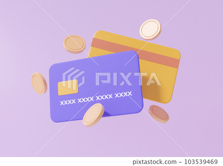 3D線上支付信用卡或借記卡概念。 匯款。 金融交易。 硬幣漂浮在紫色背景 103539469