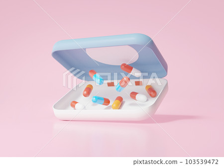 3D開放式醫療袋,帶漂浮在粉紅色背景上的藥物膠囊急救概念。 極簡卡通風格的可愛光滑 3D開放式醫療袋,帶漂浮在粉紅色背景上的藥物膠囊急救概念。 極簡卡通風格的可愛光滑 103539472