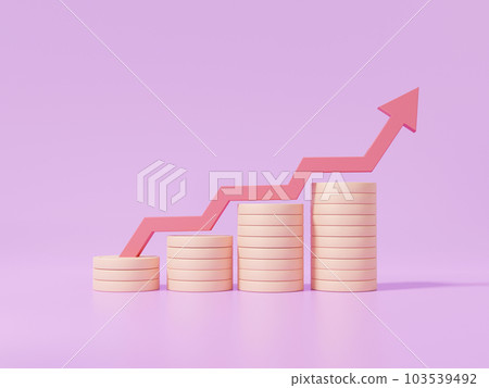3D rendering coin stack, red graphic arrows rising currency appreciation, growth investment success financial education concept 3D rendering coin stack, red graphic arrows rising currency appreciation, growth investment success financial education concept 103539492