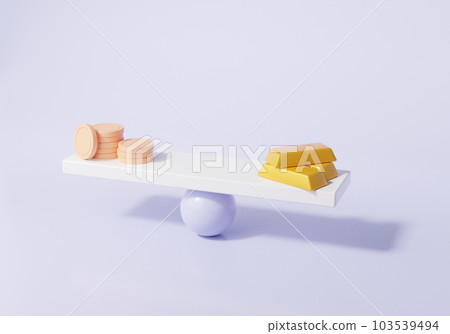 3D rendering of money balance with gold bars and coins. scale concept. Compare price finance business investment education in cartoon minimal style on sky blue background 3D rendering of money balance with gold bars and coins. scale concept. Compare price finance business investment education in cartoon minimal style on sky blue background 103539494
