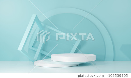 3d渲染化妝品展臺，橫幅，銷售，複製空間，天藍色背景上的抽象講臺 103539505