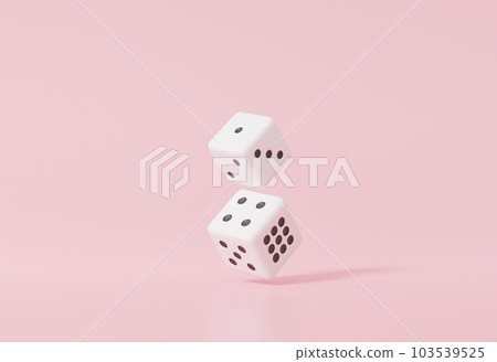 3d渲染兩個白色骰子最小風格浮動在粉紅色粉彩上。 構圖範本廣告概念 3d渲染兩個白色骰子最小風格浮動在粉紅色粉彩上。 構圖範本廣告概念 103539525