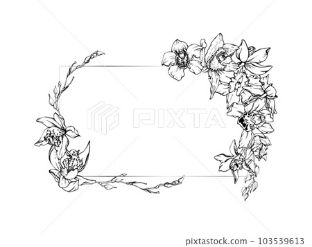 Hand drawn vector ink orchid flowers and branches, monochrome, detailed outline. Horizontal frame composition. Isolated on white background. Design for wall art, wedding, print, tattoo, cover, card. Hand drawn vector ink orchid flowers and branches, monochrome, detailed outline. Horizontal frame composition. Isolated on white background. Design for wall art, wedding, print, tattoo, cover, card. 103539613