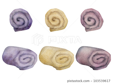 Hand drawn watercolor spa skincare bath towels folded and rolled, purple violet ochre. Isolated object on white background. Design for wall art, wellness resort, print, fabric, cover, card, booklet. 103539617