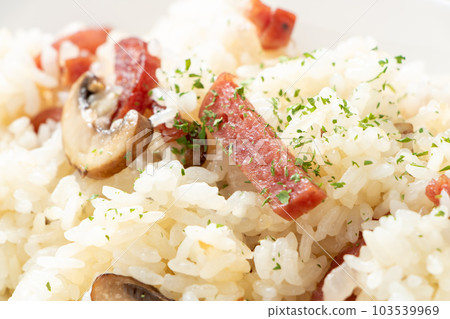 薩拉米香腸和蘑菇黃油飯特寫。 103539969