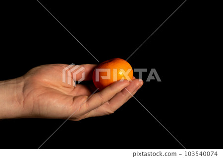 Hand holding ripe tangerine on black isolated background Hand holding ripe tangerine on black isolated background 103540074