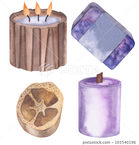 Spa set with candles, loufa, soap watercolor illustration. Hand drawn isolated on white background. 103540198