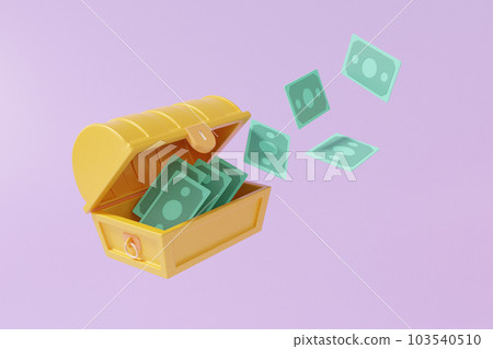 Open treasure chest, floating banknotes on a purple background. The concept of protection treasure box safe, wealth and preciousness. map 103540510