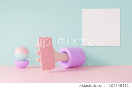 3D渲染最小卡通風格的手持智能手機,觸控式螢幕空白,綠色粉紅色柔和背景上的幾何背景 3D渲染最小卡通風格的手持智能手機,觸控式螢幕空白,綠色粉紅色柔和背景上的幾何背景 103540511