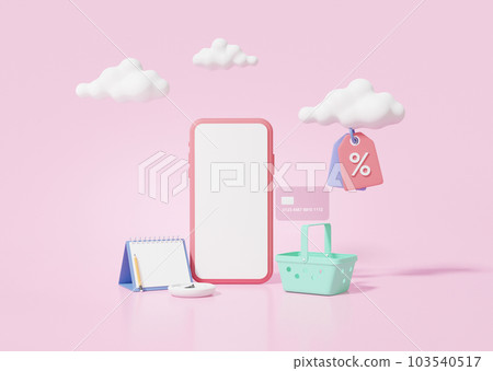 3d rendering online shopping concept. Shop calendar clock in smartphone and shopping bags 103540517