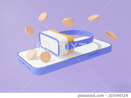 3D rendering smartphone with VR glasses playing video games analog metaverse technology concept. Coins on purple background in virtual reality goggles, investing in education 3D rendering smartphone with VR glasses playing video games analog metaverse technology concept. Coins on purple background in virtual reality goggles, investing in education 103540524