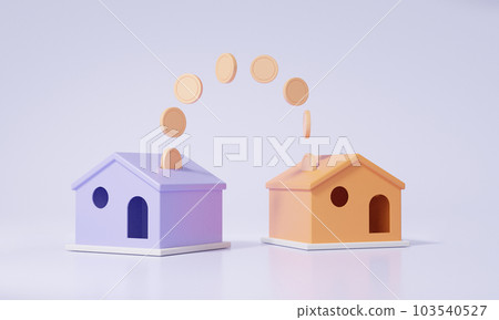 3D渲染兩個家庭轉移資金的概念。 金融支持房地產企業投資 3D渲染兩個家庭轉移資金的概念。 金融支持房地產企業投資 103540527