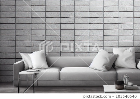 Contemporary interior with sofa, wall panel and decor. 3d render illustration mockup. Generative AI. Contemporary interior with sofa, wall panel and decor. 3d render illustration mockup. Generative AI. 103540540