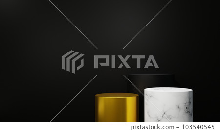 Abstract 3d render pedestal golden marble dark black background with geometric shapes, podium on floor. Product display, background composition design, display 103540545
