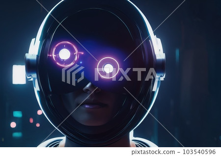 Anonymous, virtual reality and cyberspace concept with faceless human in hoodie with digital transparent screen on metaverse city background. Generative AI 103540596